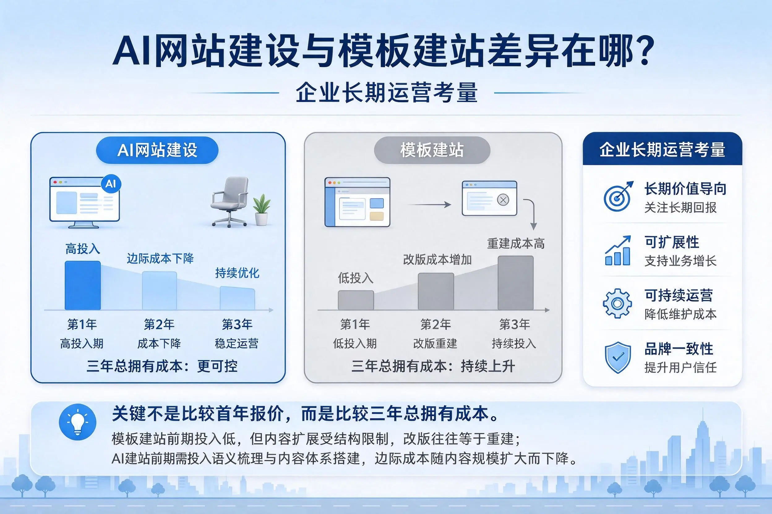 AI网站建设与模板建站差异在哪?齐齐哈尔企业长期运营考量